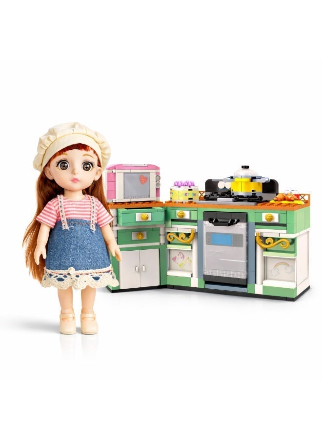إيلفين Elfin Doll Kitchen Building Blocks Playset – دمية مع مطبخ مكعبات بناء 300 قطعة - Image 1